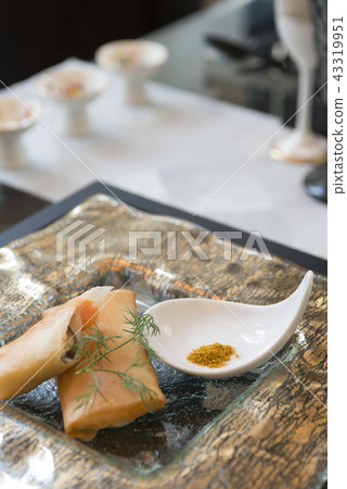 Spring rolls with eggplant and smoked salmon, mascarpone Spring rolls with eggplant and smoked salmon, mascarpone 43319951