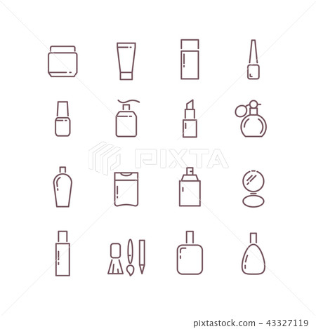 Cosmetic package bottles thin outline vector icons set 43327119