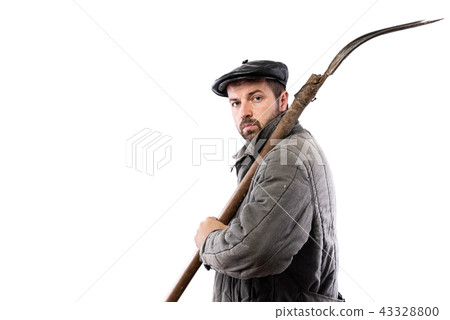Peasant man with pitchfork on white, serious look 43328800
