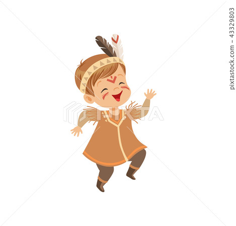 Boy wearing native Indian costume and headdress... - Stock Illustration ...