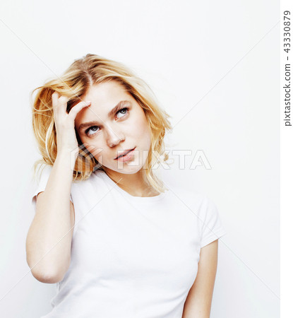 young pretty stylish hipster girl posing emotional isolated on w 43330879