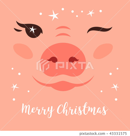 Merry Christmas Card, Funny Christmas pig. Cute pig wink. Flickering Christmas stars. Happy Holidays Merry Christmas Card, Funny Christmas pig. Cute pig wink. Flickering Christmas stars. Happy Holidays 43331575