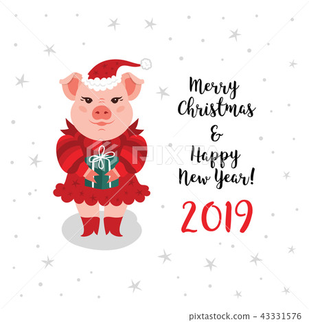 Christmas pig greeting card, Merry Christmas Happy New Year 2019 card. A cartoon pig in a red Santa 43331576