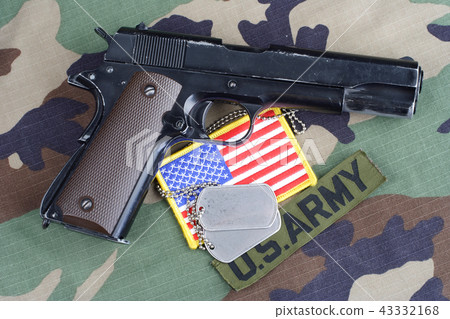 US ARMY branch tape, M1911 handgun with dog tags  43332168
