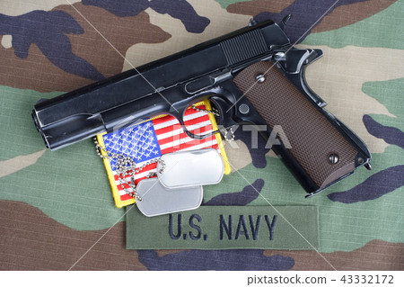 US NAVY branch tape, M1911 handgun with dog tags  43332172