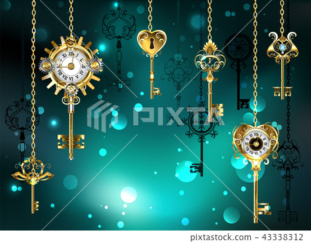 Antique keys on green background Antique keys on green background 43338312