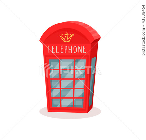 Flat vector icon of red telephone booth. Famous symbol of England. Travel to London. Public call box Flat vector icon of red telephone booth. Famous symbol of England. Travel to London. Public call box 43338454