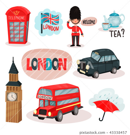 Flat vector set of cultural symbols of United Kingdom. Red phone booth, guardsman, traditional tea Flat vector set of cultural symbols of United Kingdom. Red phone booth, guardsman, traditional tea 43338457