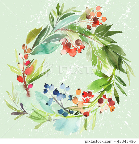 Christmas wreath with berries watercolor postcard. Christmas wreath with berries watercolor postcard. 43343480
