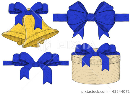 Holiday symbols. Christmas bells, gift box, ribbon bows. Hand drawn sketch Holiday symbols. Christmas bells, gift box, ribbon bows. Hand drawn sketch 43344071