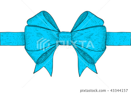 Blue ribbon bow. Hand drawn colored sketch 43344157