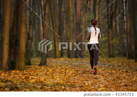 Image from back of young sports girl in running through forest Image from back of young sports girl in running through forest 43345723