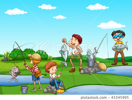 Group of boys fishing Group of boys fishing 43345995
