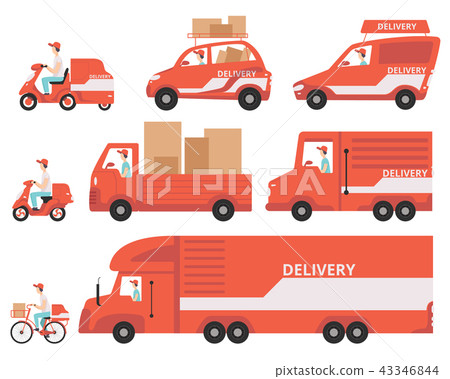 Red delivery vehicles set, express delivery concept vector Illustrations on a white background Red delivery vehicles set, express delivery concept vector Illustrations on a white background 43346844