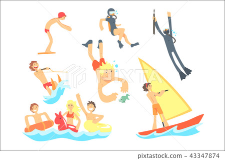 People On Summer Vacation At The Sea Playing And Having Fun With Water Sports On The Beach Set Of 43347874
