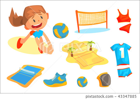 Girl playing with a ball at beach volleyball set for label design. Sports equipment for volleyball 43347885