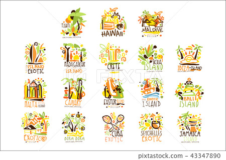 Madagascar, Crete, Bali, Seychelles, Ibiza, Jamaica resort set for label design. Summer beach Madagascar, Crete, Bali, Seychelles, Ibiza, Jamaica resort set for label design. Summer beach 43347890
