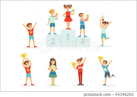 Happy young children holding their golden trophies, set for label design. Cartoon detailed colorful 43348202