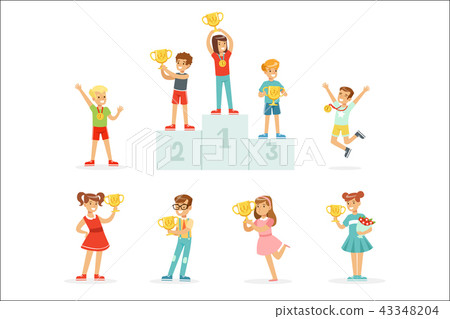 Smiling young boys and girls celebrating their medals and winner cups, set for label design. Cartoon 43348204