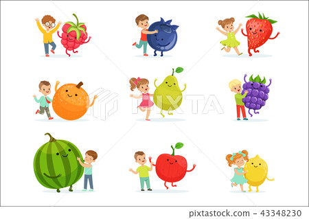 Cute little children having fun and playing with big fruits, set for label design. Colorful cartoon Cute little children having fun and playing with big fruits, set for label design. Colorful cartoon 43348230