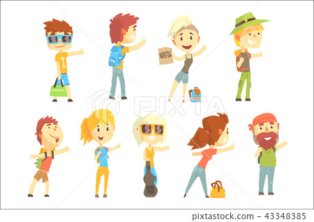 Hitch hike traveler person, set for label design. Cartoon detailed colorful Illustrations Hitch hike traveler person, set for label design. Cartoon detailed colorful Illustrations 43348385