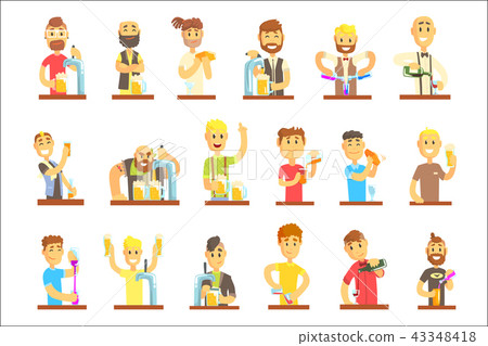 Barman mixing, pouring, opening and garnishing alcohol drinks set for label design. Colorful cartoon 43348418