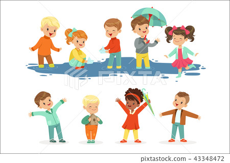 Cute smiling little kids playing on puddles, set for label design. Active leisure for children 43348472