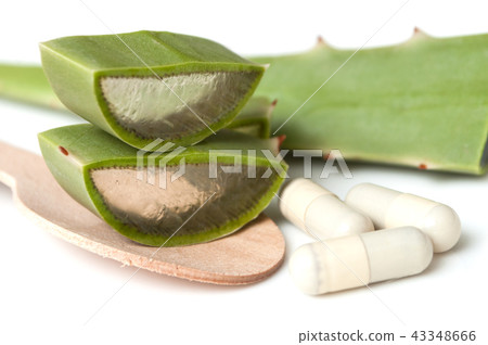 sliced aloe vera leaves and pills in spoon sliced aloe vera leaves and pills in spoon 43348666