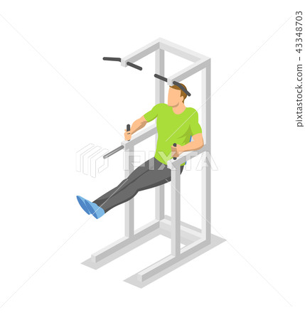 Man working out on dip station in the gym. Colorful isometric illlustration of fitness equipment in 43348703