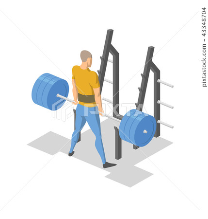 Man working out by the barbell rack. Colorful isometric illlustration of fitness equipment in action 43348704