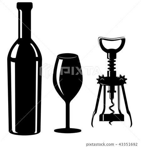 Glass And Bottle Of Wine With Corkscrew Black Stock Illustration 43351692 Pixta