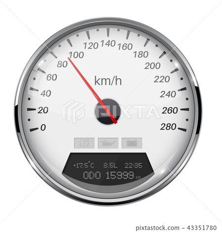 Speedometer. White speed gauge with metal frame. 90 km per hour Speedometer. White speed gauge with metal frame. 90 km per hour 43351780