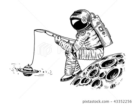 Astronaut spaceman with a fishing rod on the moon. astronomical galaxy space. Funny cosmonaut 43352256