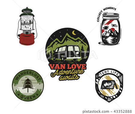 Vintage hand drawn travel emblems set. Adventure logo concepts. Mountain expedition, camp badge Vintage hand drawn travel emblems set. Adventure logo concepts. Mountain expedition, camp badge 43352888