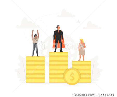 Successful businessman and businesswoman on podium. Little people standing on large gold coins 43354834
