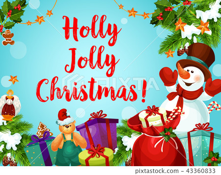 Snowman and gift greeting card of New Year holiday Snowman and gift greeting card of New Year holiday 43360833