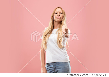 The overbearing business woman point you and want you, half length closeup portrait on pink The overbearing business woman point you and want you, half length closeup portrait on pink 43365571