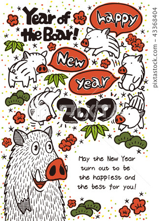 2019年新年賀卡“塗鴉野豬”新年快樂，附英文補充說明 43368404