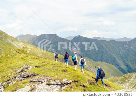 Friends hiking on a pathway in Fagaras Mountains Friends hiking on a pathway in Fagaras Mountains 43368585