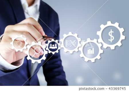 Businessman pointing business icon virtual screen Businessman pointing business icon virtual screen 43369745