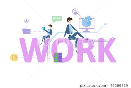 WORK. Concept table with keywords, letters and icons. Colored flat vector illustration on white WORK. Concept table with keywords, letters and icons. Colored flat vector illustration on white 43369819