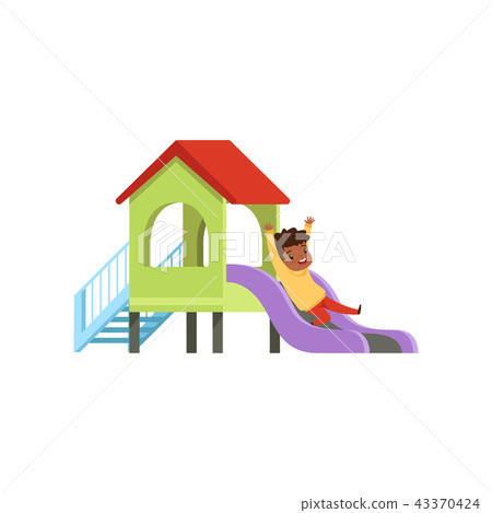Cute little boy playing on a slide, kid having fun on playground vector Illustration on a white 43370424