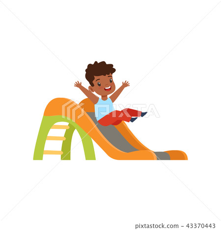 Cute little african american boy sliding down the slide, kid having fun on playground vector 43370443