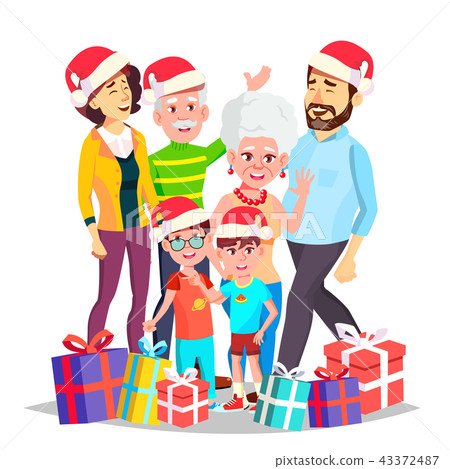 Christmas Family Vector. Celebrating. Mom, Dad, Children, Grandparents Together. In Santa Hats Christmas Family Vector. Celebrating. Mom, Dad, Children, Grandparents Together. In Santa Hats 43372487