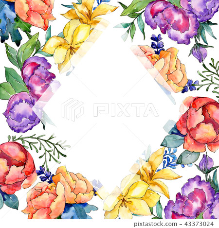Watercolor colorful bouquet flower. Floral botanical flower. Frame border ornament square. Watercolor colorful bouquet flower. Floral botanical flower. Frame border ornament square. 43373024