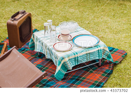 Vintage style picnic setup on grass 43373702