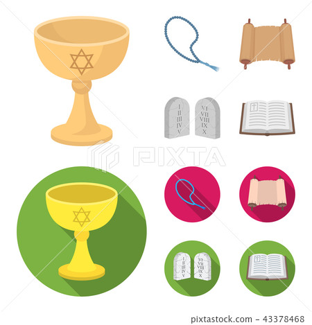 A cup of wine, Islamic beads, ten commandments, tanakh. Religion set collection icons in cartoon A cup of wine, Islamic beads, ten commandments, tanakh. Religion set collection icons in cartoon 43378468