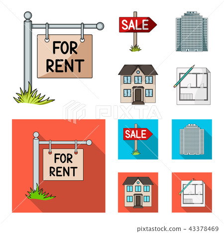 Signs of sale and rent, a skyscraper, a two-story cottage.Realtor set collection icons in cartoon Signs of sale and rent, a skyscraper, a two-story cottage.Realtor set collection icons in cartoon 43378469