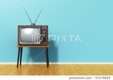 Old retro TV against blue vintage wall in the room 43378669