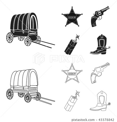 Star sheriff, Colt, dynamite, cowboy boot. Wild West set collection icons in black,outline style 43378842
